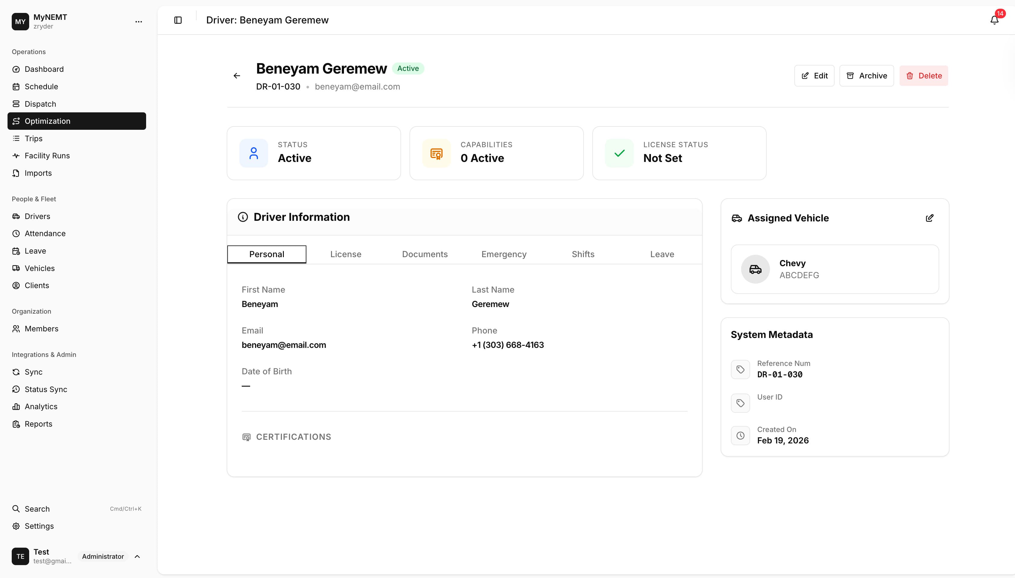 Driver profile with personal details and assigned vehicle