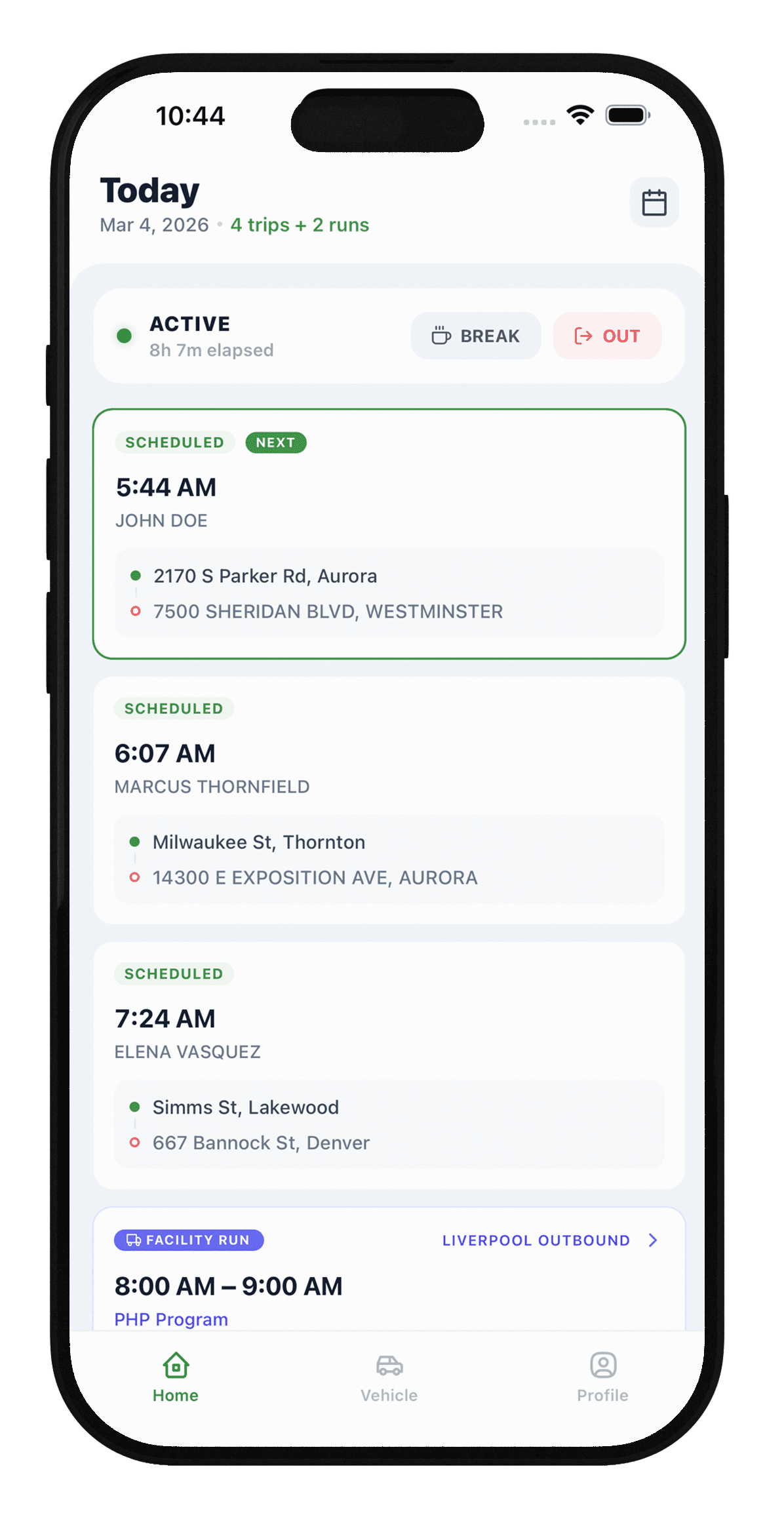 Nemtly driver app showing today's scheduled trips